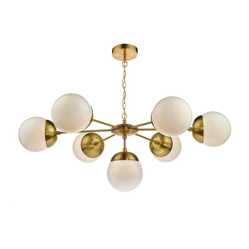 Dar BOM3435 Bombazine 7 Light Pendant Natural Brass & White Opal Glass