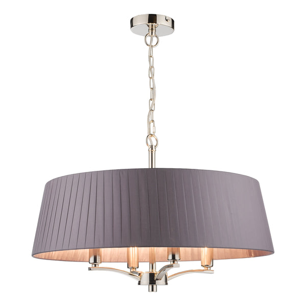 Dar CRI0439 Cristin 4 Light Pendant Polished Nickel with Grey Ribbon Shade