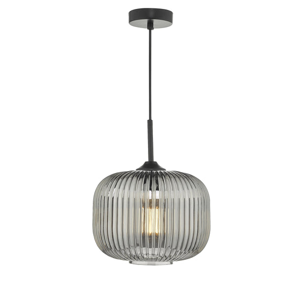 Dar DEM0110 Demarius 1 Light Pendant Black and Smoked Glass