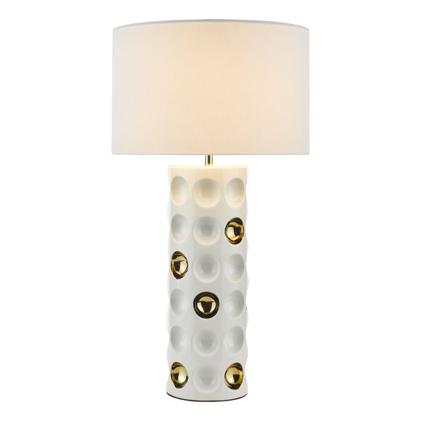 Dar DIM422 Dimple 1 Light Ceramic Table Lamp Gloss White Gold With Shade