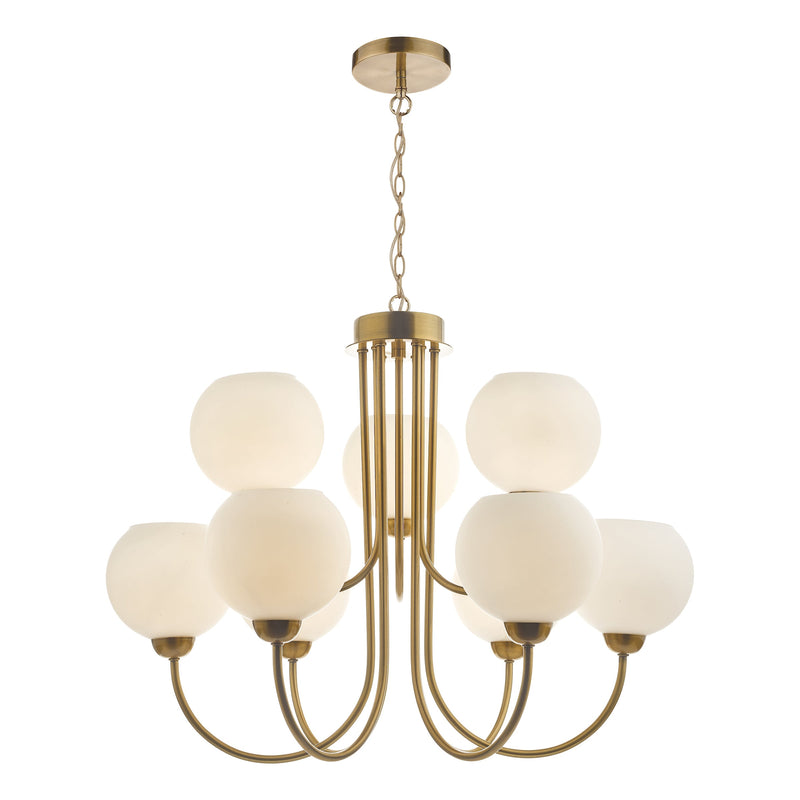 Dar IND1335 Indra Opal Glass Globe 9 Light Pendant Natural Brass