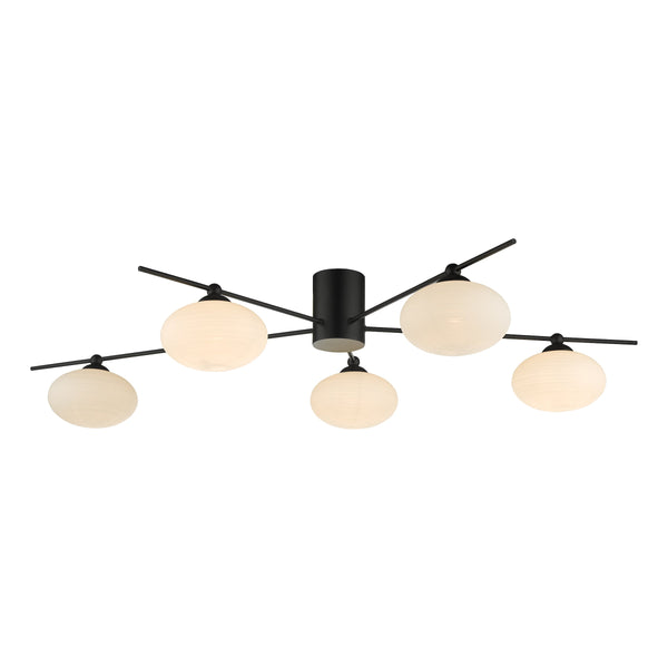 Dar JAS5422 Jasper 5 Light Semi Flush Ceiling Light Matt Black Opal Glass
