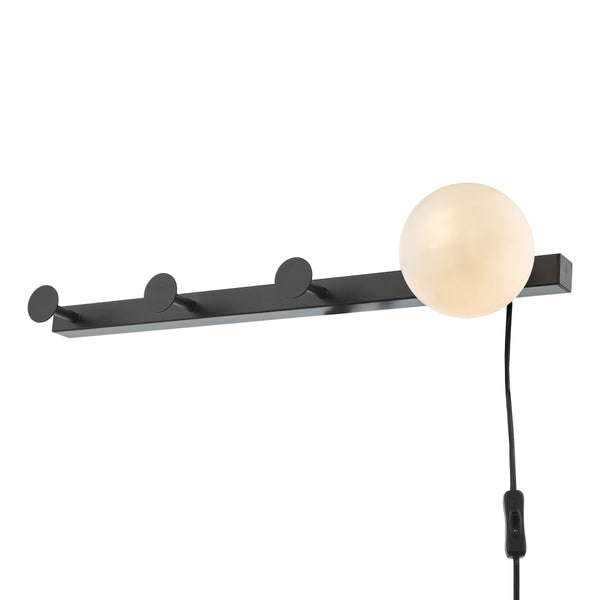 Dar RAC7122 Rack Wall Light & Coat Hook Matt Black Opal Glass - Plug in